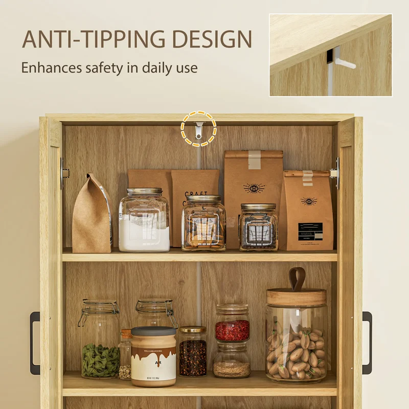 67" Tall Kitchen Pantry, Freestanding Cabinet, 4 Rattan Doors, Adjustable Shelves, Oak