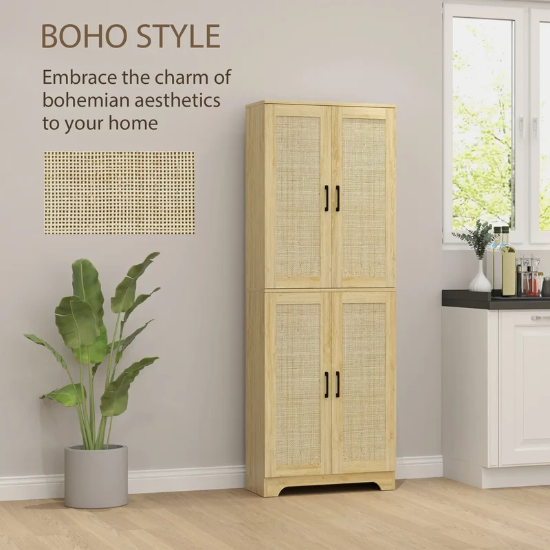 67" Tall Kitchen Pantry, Freestanding Cabinet, 4 Rattan Doors, Adjustable Shelves, Oak