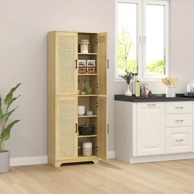 67" Tall Kitchen Pantry, Freestanding Cabinet, 4 Rattan Doors, Adjustable Shelves, Oak