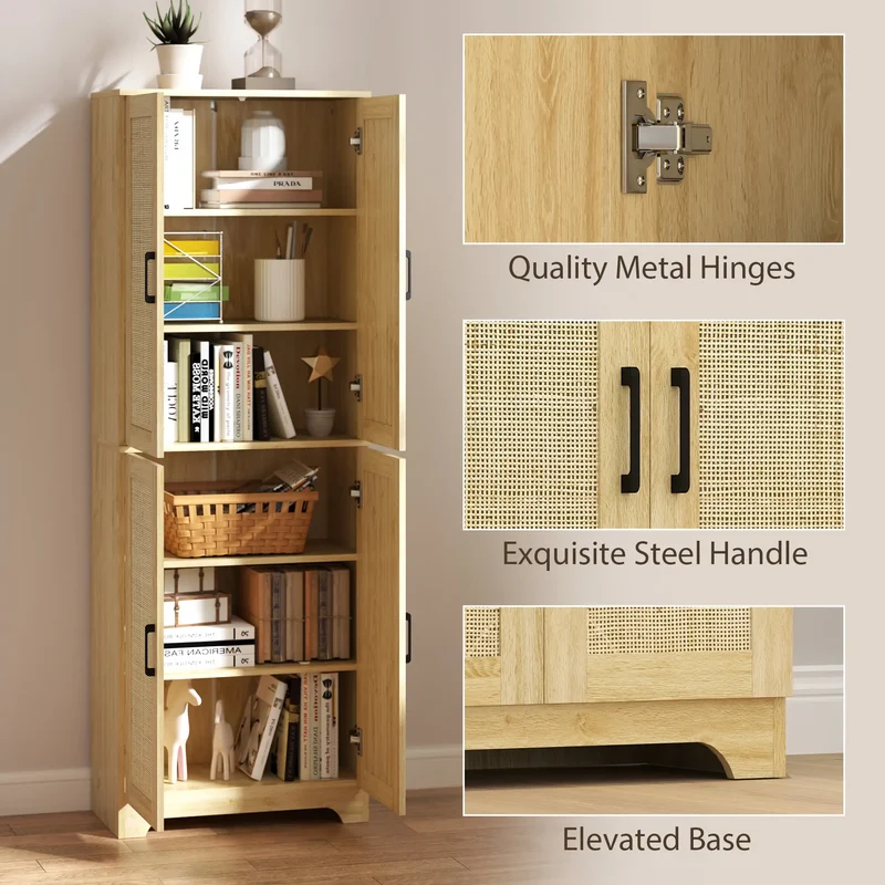 67" Tall Kitchen Pantry, Freestanding Cabinet, 4 Rattan Doors, Adjustable Shelves, Oak