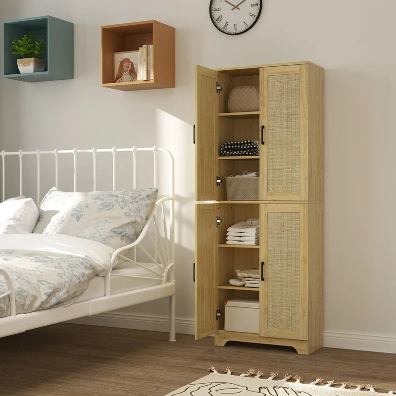 67" Tall Kitchen Pantry, Freestanding Cabinet, 4 Rattan Doors, Adjustable Shelves, Oak