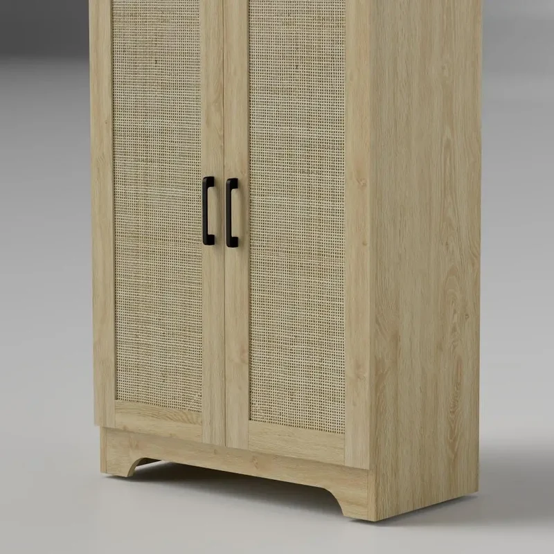 67" Tall Kitchen Pantry, Freestanding Cabinet, 4 Rattan Doors, Adjustable Shelves, Oak