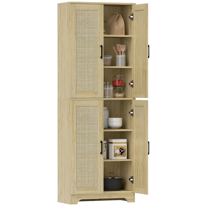 67" Tall Kitchen Pantry, Freestanding Cabinet, 4 Rattan Doors, Adjustable Shelves, Oak