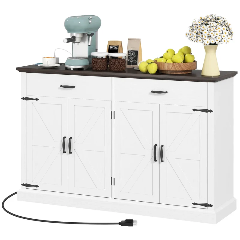 55" Buffet Cabinet, Farmhouse Sideboard, 1.2" Thick Top, White