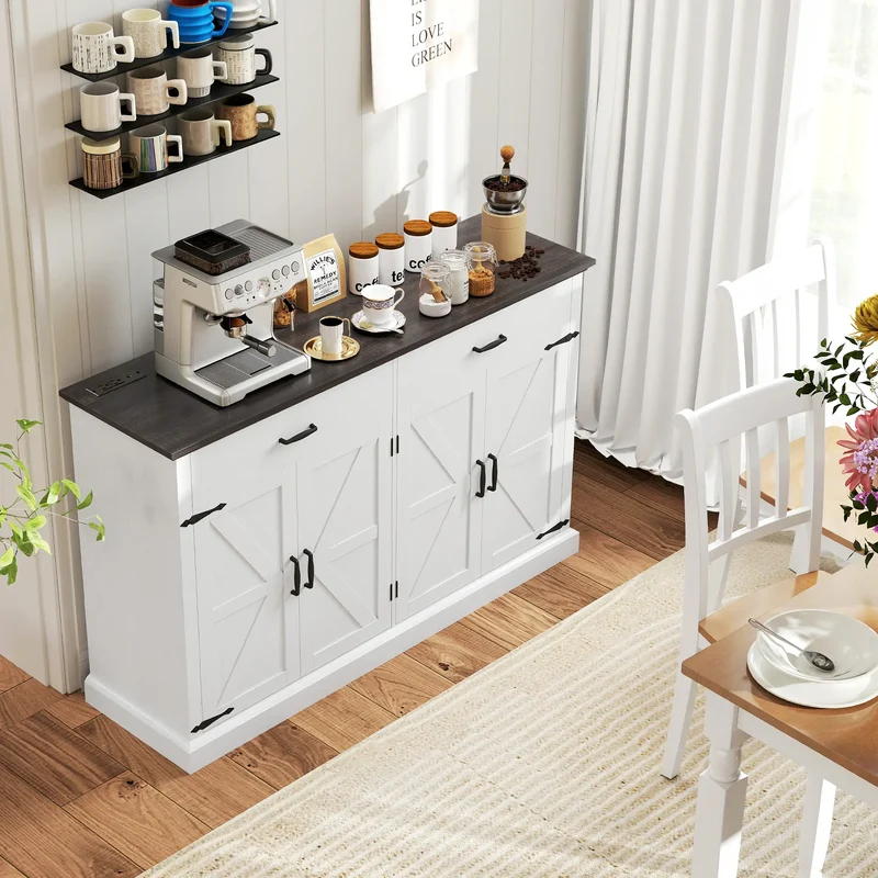 55" Buffet Cabinet, Farmhouse Sideboard, 1.2" Thick Top, White