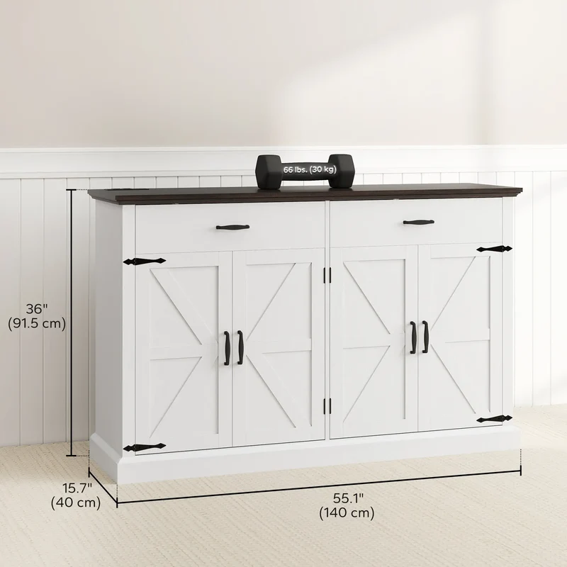 55" Buffet Cabinet, Farmhouse Sideboard, 1.2" Thick Top, White