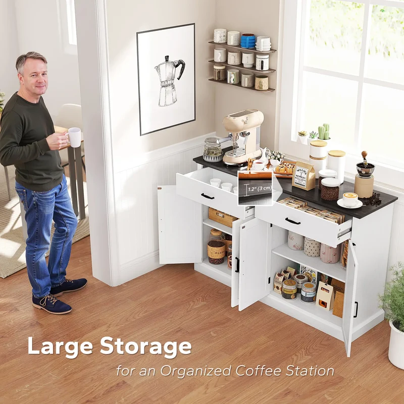 55" Buffet Cabinet, Farmhouse Sideboard, 1.2" Thick Top, White