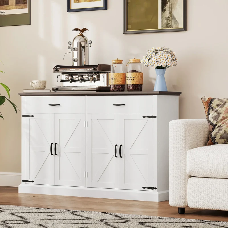 55" Buffet Cabinet, Farmhouse Sideboard, 1.2" Thick Top, White