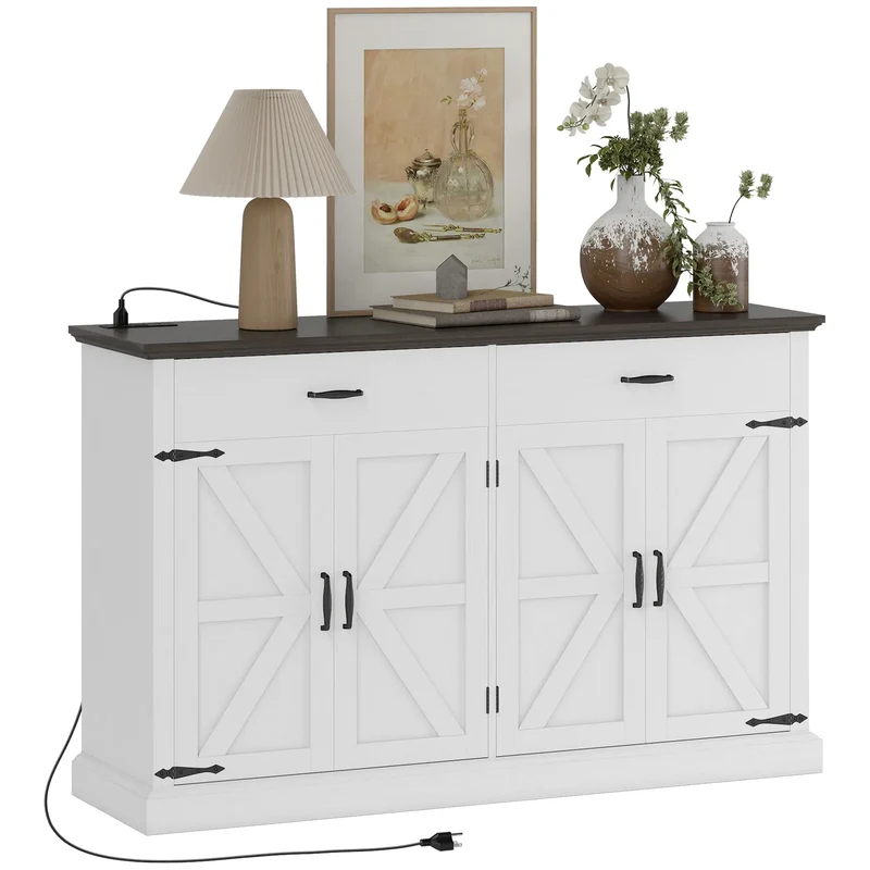 55" Buffet Cabinet, Farmhouse Sideboard, 1.2" Thick Top, White