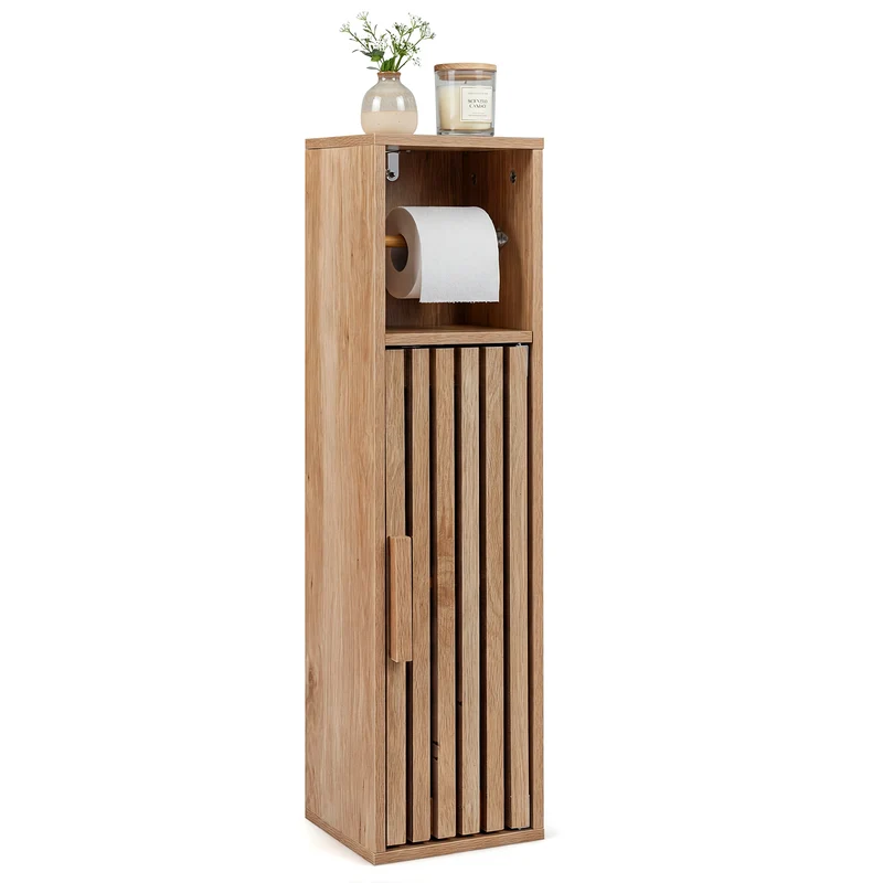 Slim Freestanding Bathroom Cabinet, Toilet Paper Holder With Door, Natural