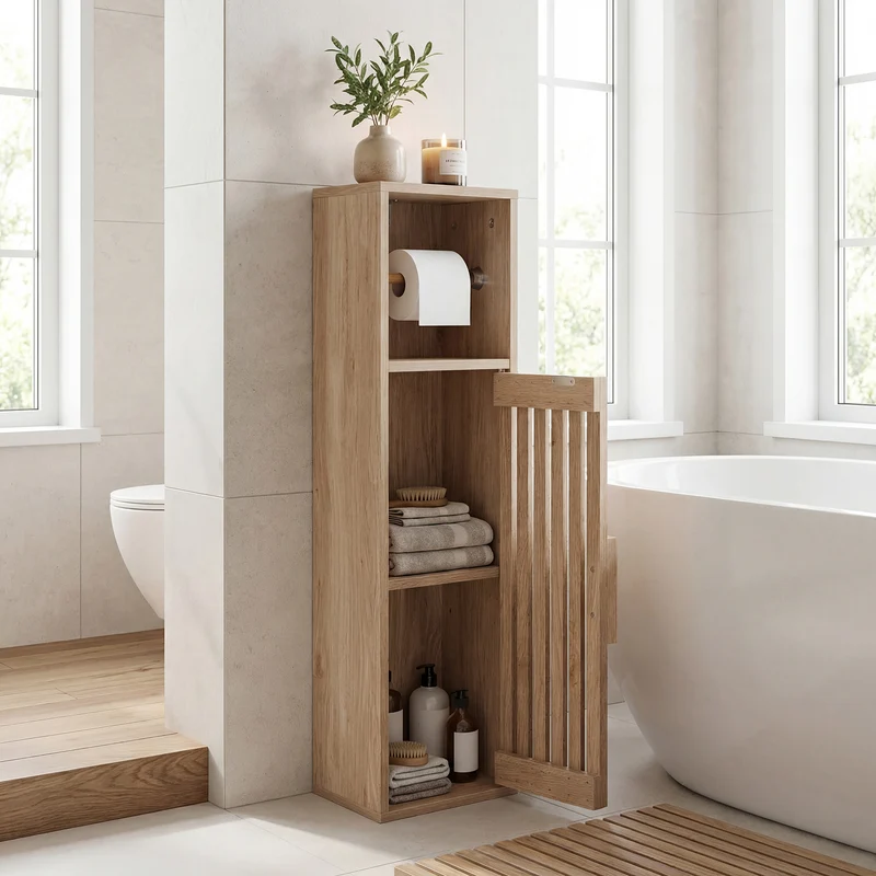 Slim Freestanding Bathroom Cabinet, Toilet Paper Holder With Door, Natural