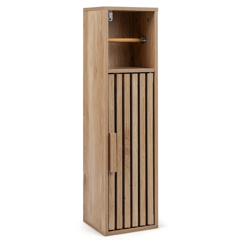 Slim Freestanding Bathroom Cabinet, Toilet Paper Holder With Door, Natural