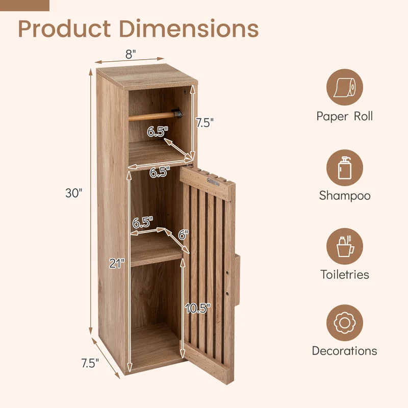 Slim Freestanding Bathroom Cabinet, Toilet Paper Holder With Door, Natural