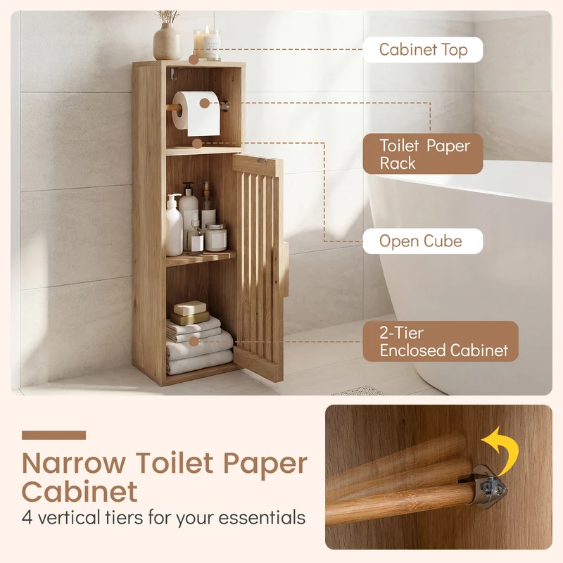 Slim Freestanding Bathroom Cabinet, Toilet Paper Holder With Door, Natural