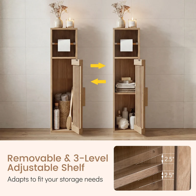 Slim Freestanding Bathroom Cabinet, Toilet Paper Holder With Door, Natural