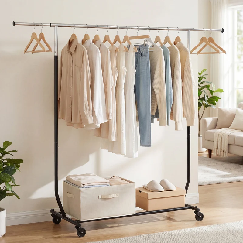 Rolling Clothes Rack, Extendable Garment Stand