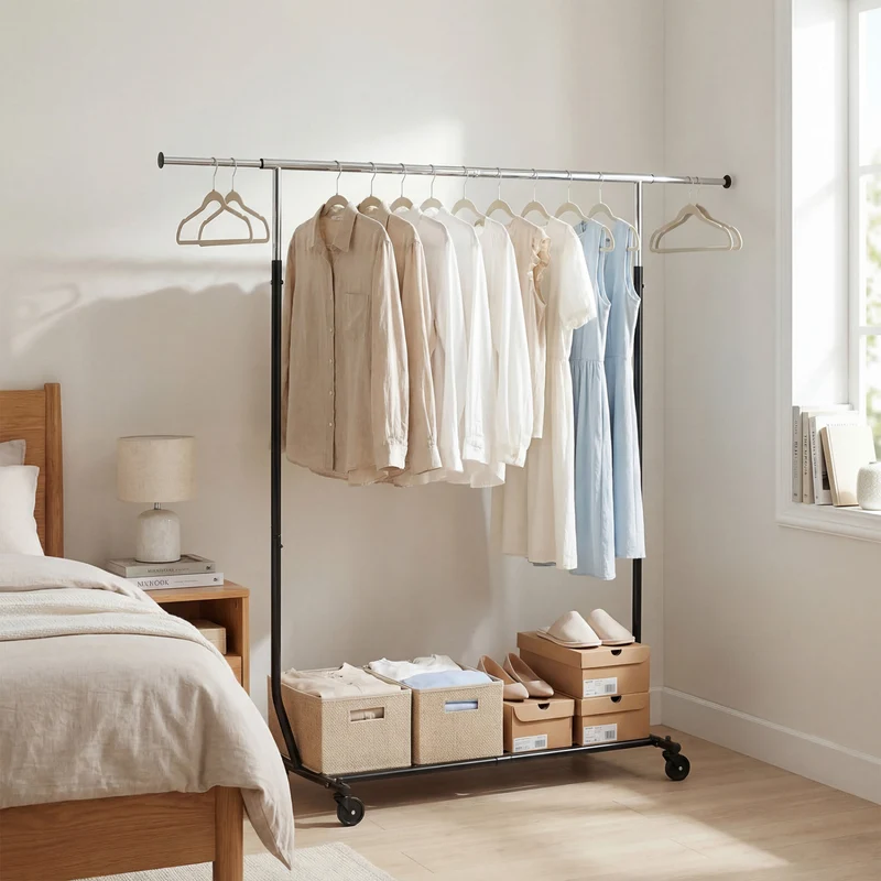 Rolling Clothes Rack, Extendable Garment Stand
