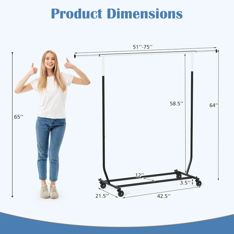 Rolling Clothes Rack, Extendable Garment Stand