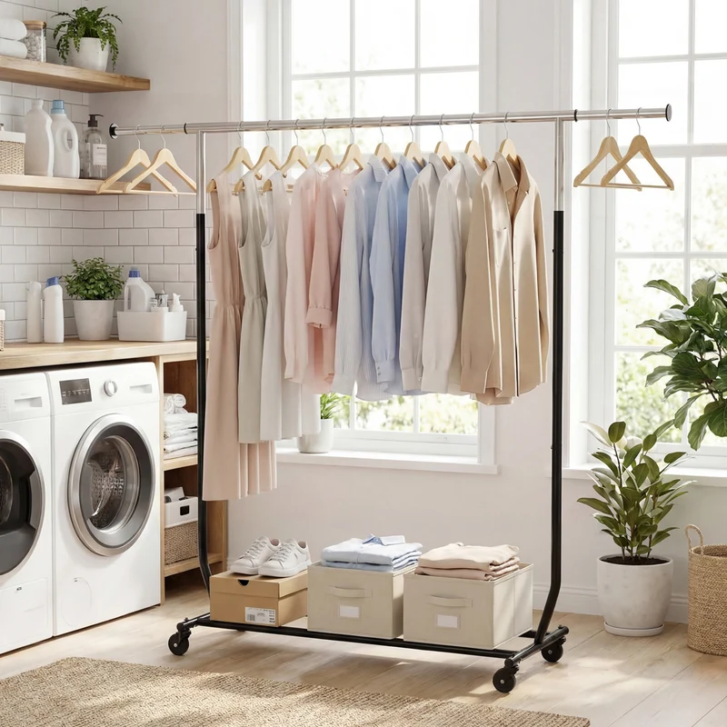 Rolling Clothes Rack, Extendable Garment Stand