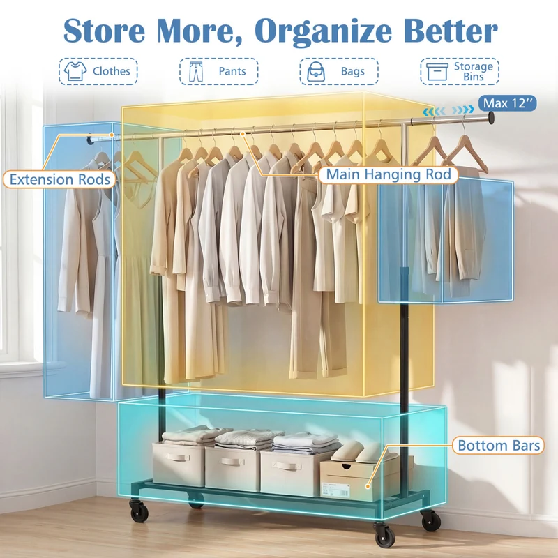 Rolling Clothes Rack, Extendable Garment Stand