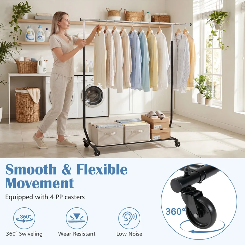 Rolling Clothes Rack, Extendable Garment Stand