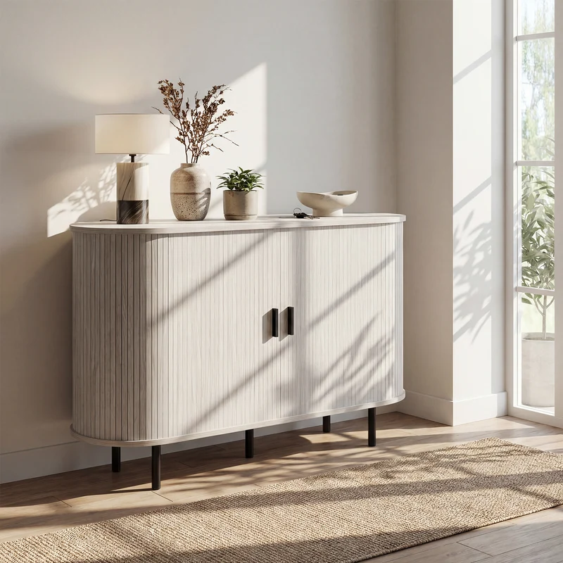47 Inch Fluted Sideboard Buffet Cabinet, Tambour Sliding Doors, Gray