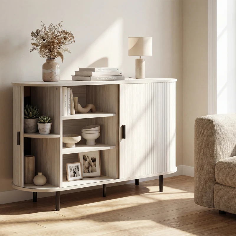 47 Inch Fluted Sideboard Buffet Cabinet, Tambour Sliding Doors, Gray