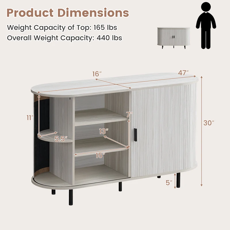 47 Inch Fluted Sideboard Buffet Cabinet, Tambour Sliding Doors, Gray