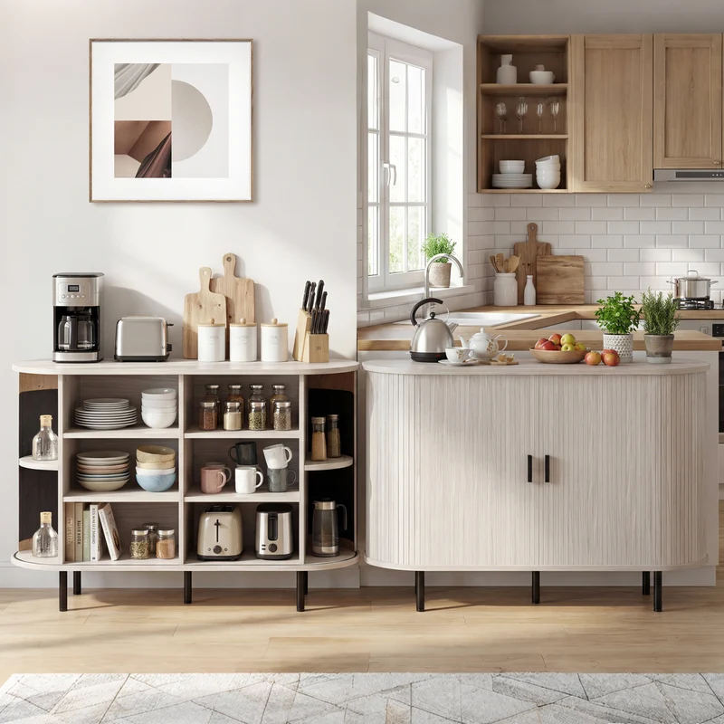 47 Inch Fluted Sideboard Buffet Cabinet, Tambour Sliding Doors, Gray