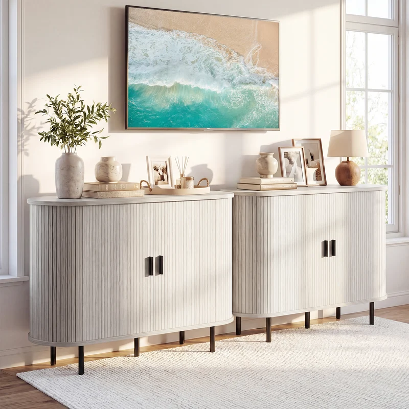 47 Inch Fluted Sideboard Buffet Cabinet, Tambour Sliding Doors, Gray