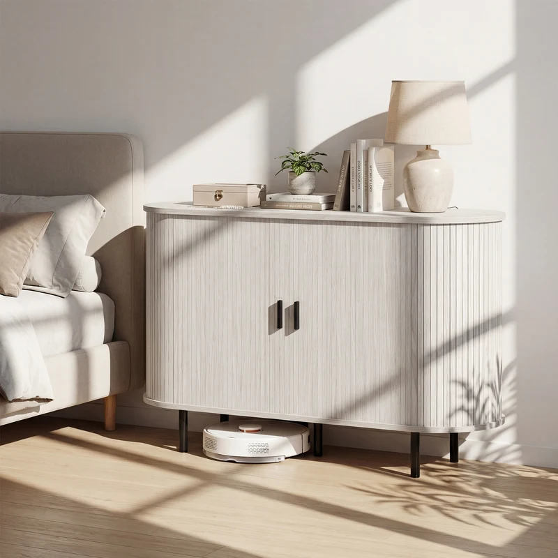 47 Inch Fluted Sideboard Buffet Cabinet, Tambour Sliding Doors, Gray
