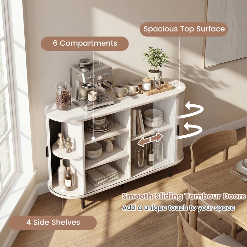 47 Inch Fluted Sideboard Buffet Cabinet, Tambour Sliding Doors, Gray