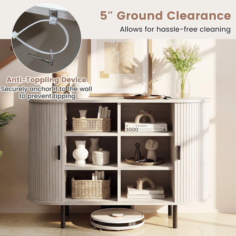 47 Inch Fluted Sideboard Buffet Cabinet, Tambour Sliding Doors, Gray