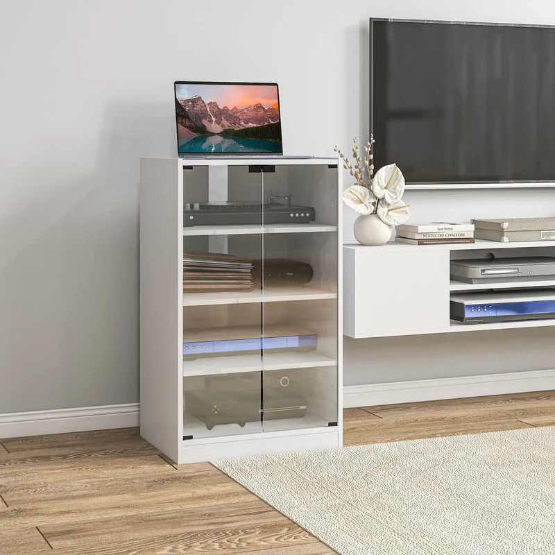 5-Tier Media Cabinet, Adjustable Shelves, Tempered Glass Doors, Distressed, White