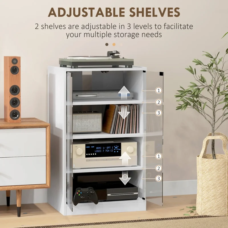 5-Tier Media Cabinet, Adjustable Shelves, Tempered Glass Doors, Distressed, White