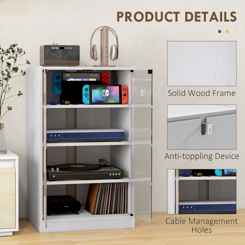 5-Tier Media Cabinet, Adjustable Shelves, Tempered Glass Doors, Distressed, White