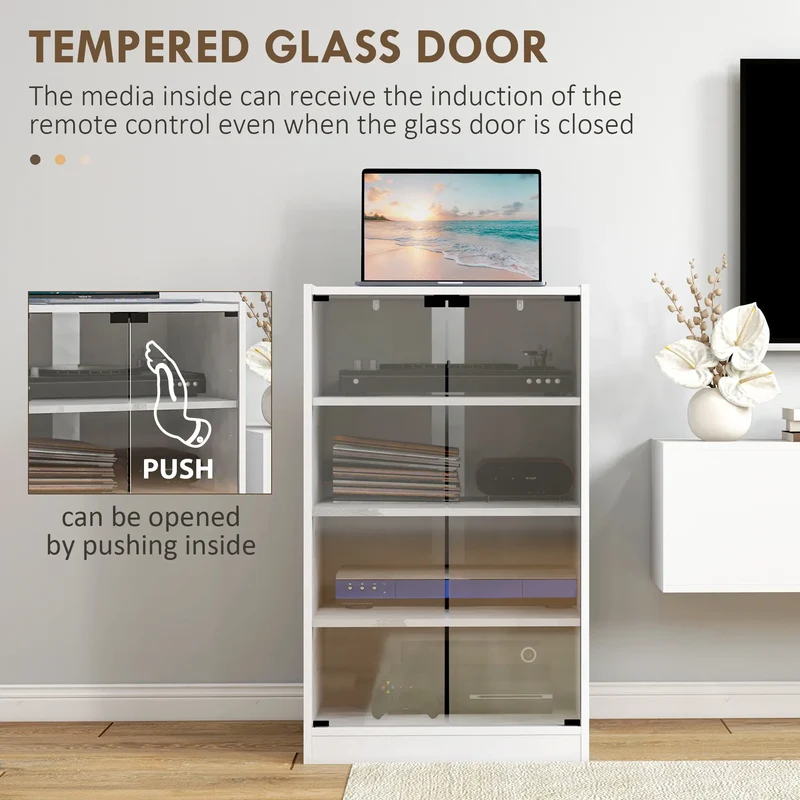 5-Tier Media Cabinet, Adjustable Shelves, Tempered Glass Doors, Distressed, White