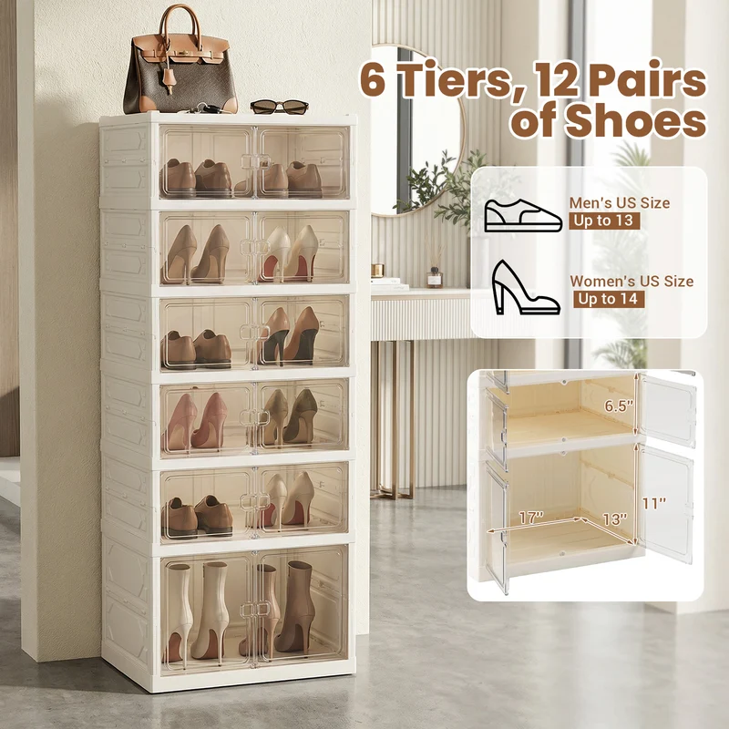 Foldable Shoe Rack Organizer, 12-Pair 6-Tier, White