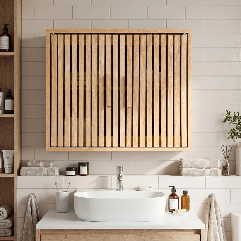 Bathroom Wall Cabinet, 2 Slatted Doors, 3 Adjustable Shelves, Natural