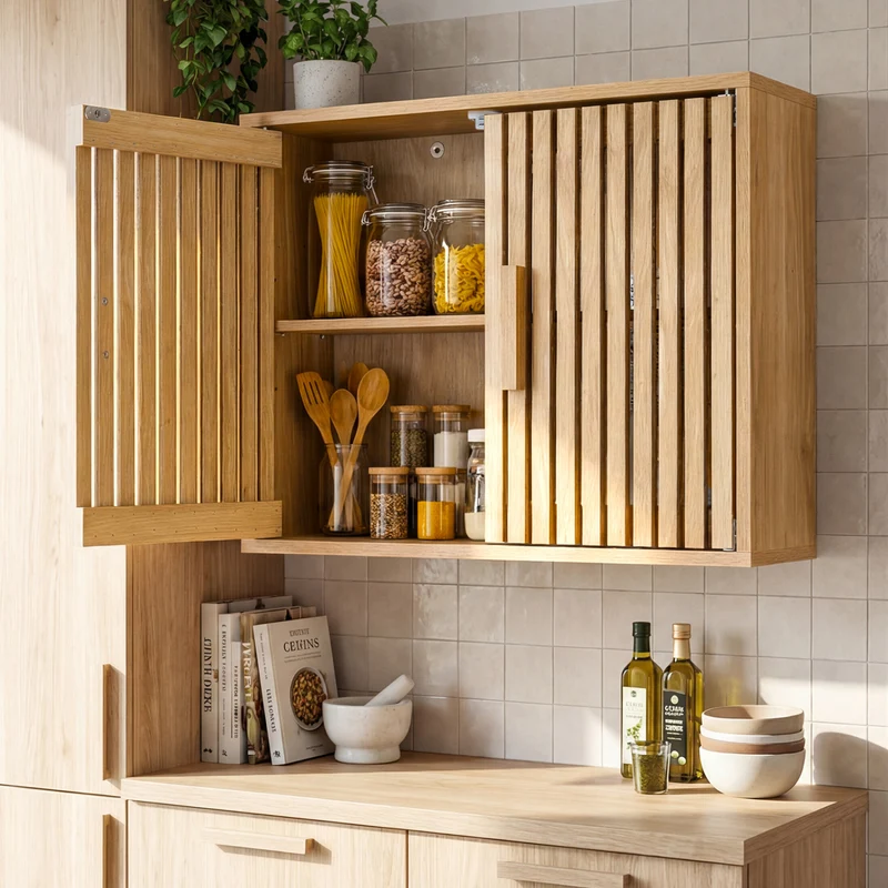 Bathroom Wall Cabinet, 2 Slatted Doors, 3 Adjustable Shelves, Natural