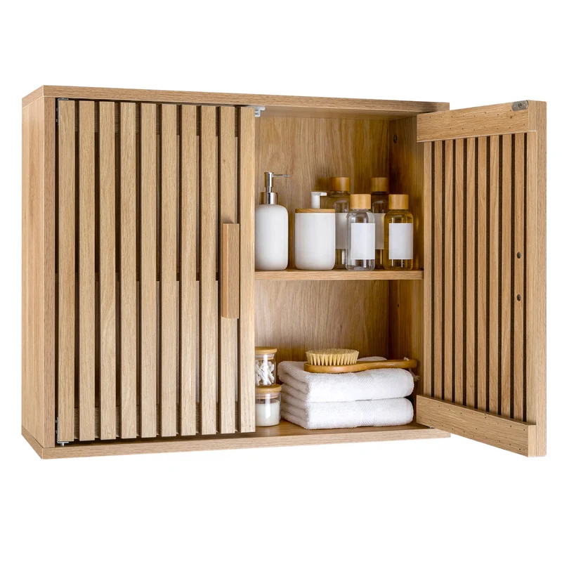Bathroom Wall Cabinet, 2 Slatted Doors, 3 Adjustable Shelves, Natural