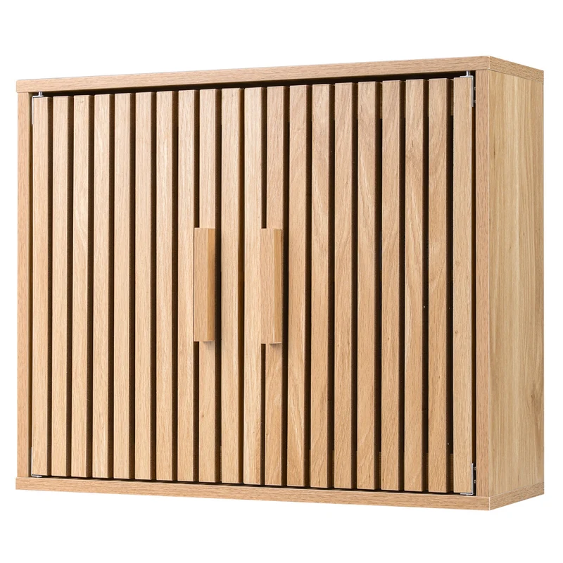 Bathroom Wall Cabinet, 2 Slatted Doors, 3 Adjustable Shelves, Natural