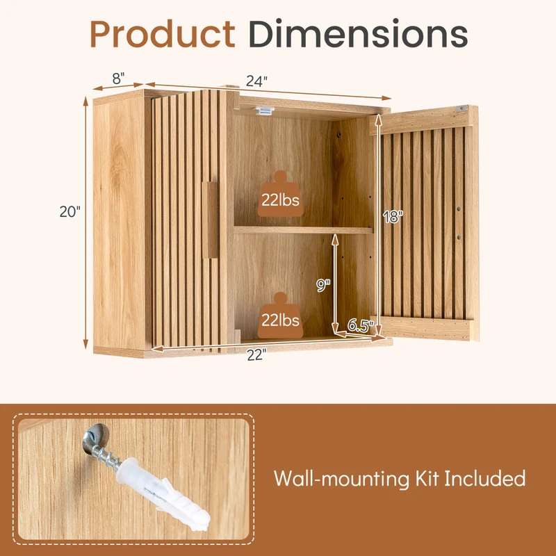 Bathroom Wall Cabinet, 2 Slatted Doors, 3 Adjustable Shelves, Natural