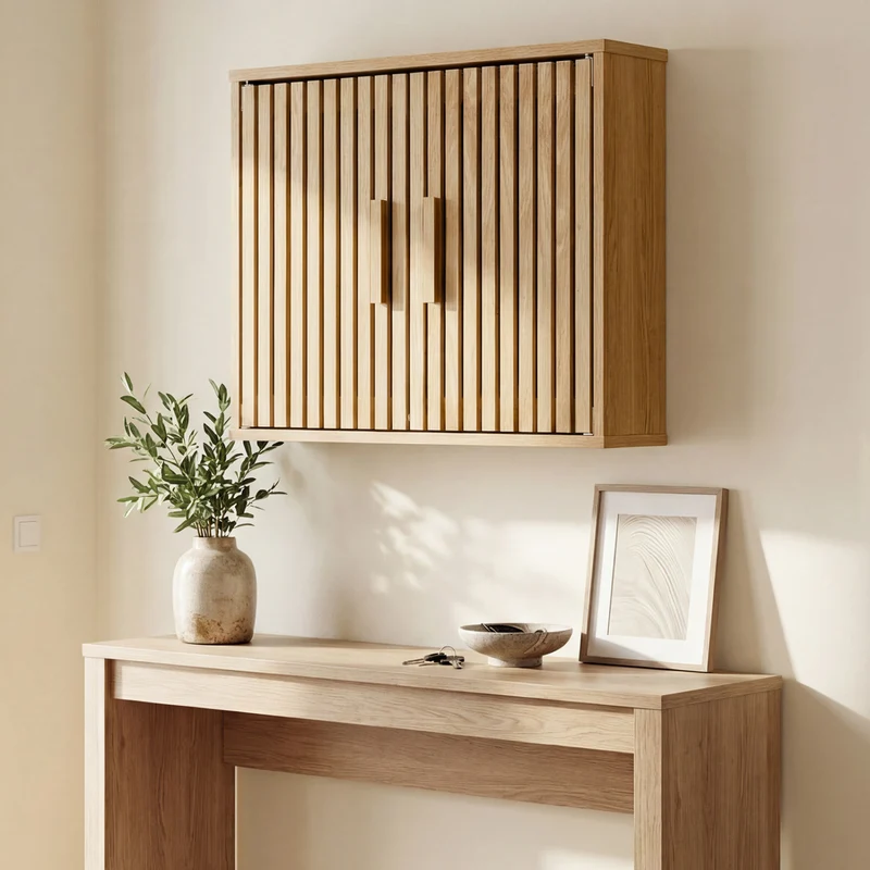 Bathroom Wall Cabinet, 2 Slatted Doors, 3 Adjustable Shelves, Natural