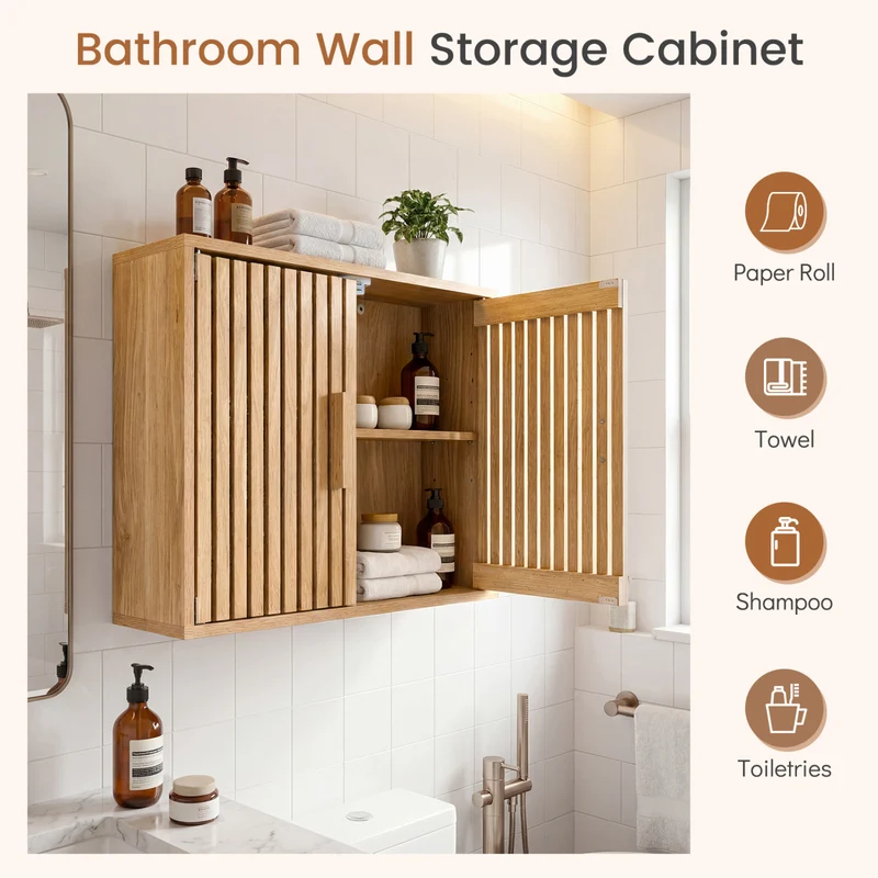 Bathroom Wall Cabinet, 2 Slatted Doors, 3 Adjustable Shelves, Natural