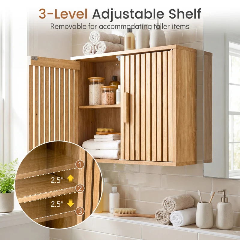 Bathroom Wall Cabinet, 2 Slatted Doors, 3 Adjustable Shelves, Natural