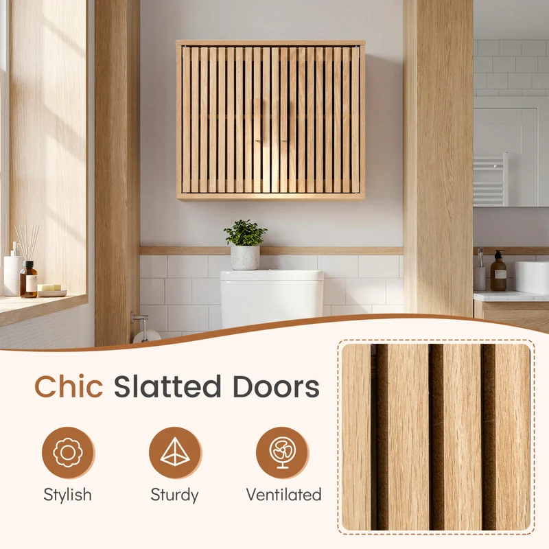 Bathroom Wall Cabinet, 2 Slatted Doors, 3 Adjustable Shelves, Natural
