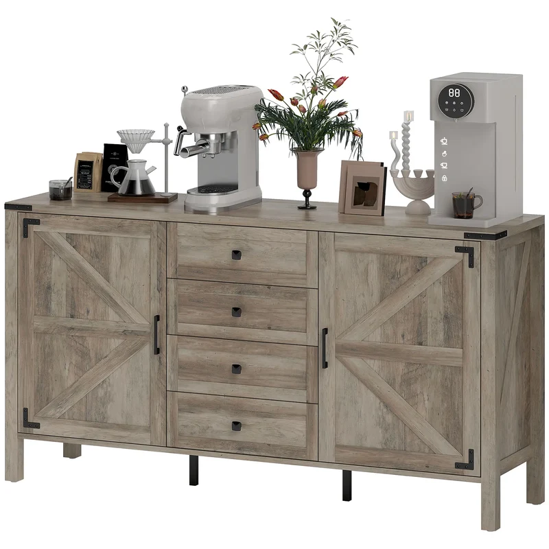 59" Buffet Cabinet, Farmhouse Sideboard, 2 Barn Doors, 4 Drawers, Grey