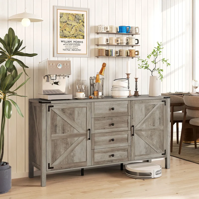 59" Buffet Cabinet, Farmhouse Sideboard, 2 Barn Doors, 4 Drawers, Grey