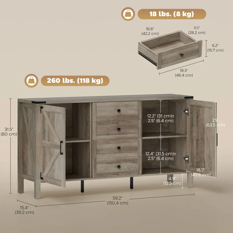 59" Buffet Cabinet, Farmhouse Sideboard, 2 Barn Doors, 4 Drawers, Grey